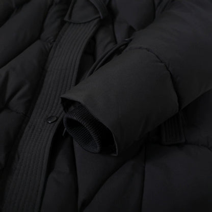 Damen Winter Steppmantel Lang mit Kapuze und Fellkragen Schwarz
