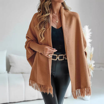 Damen Poncho Cardigan mit Fransen in Camel