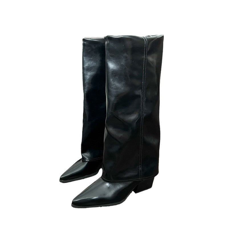Damen Stiefel in Falten-Optik mit spitzer Zehenpartie und Blockabsatz