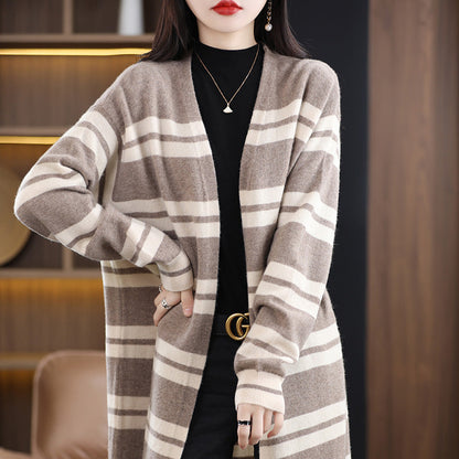 Damen Langer Strick-Cardigan mit Streifen oder Zopfmuster