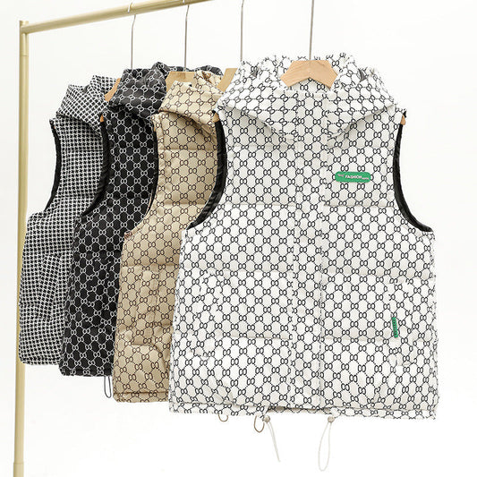 Unisex Steppweste mit Kapuze und Muster – Winterliche ärmellose Jacke