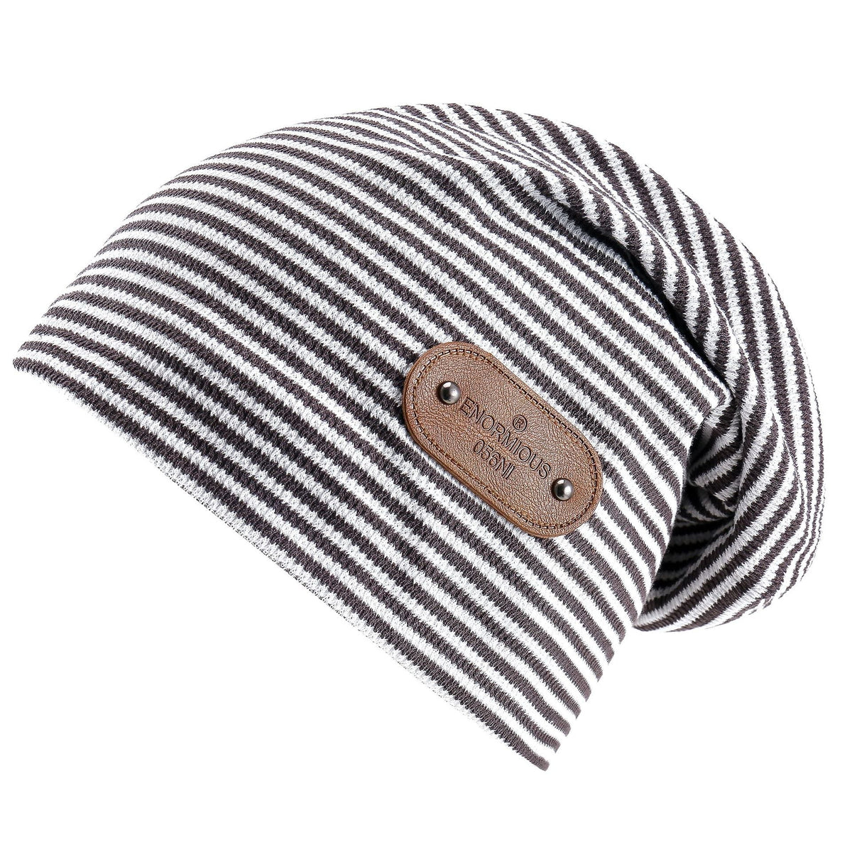 Slouch Beanie Mütze Gestreift mit Kunstleder-Patch