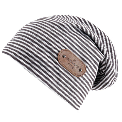Slouch Beanie Mütze Gestreift mit Kunstleder-Patch