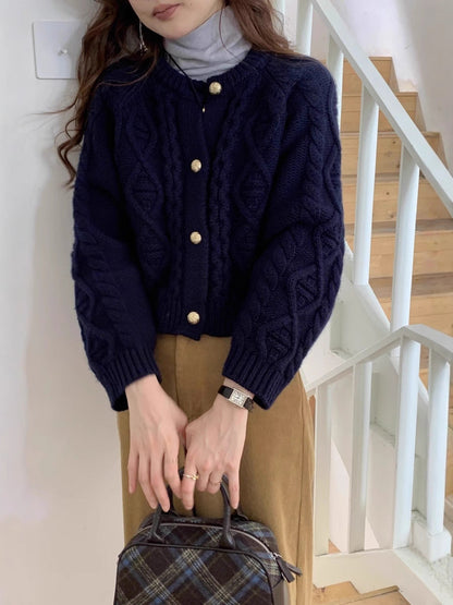 Damen Marineblaue Strickjacke mit Zopfmuster, kurze Passform