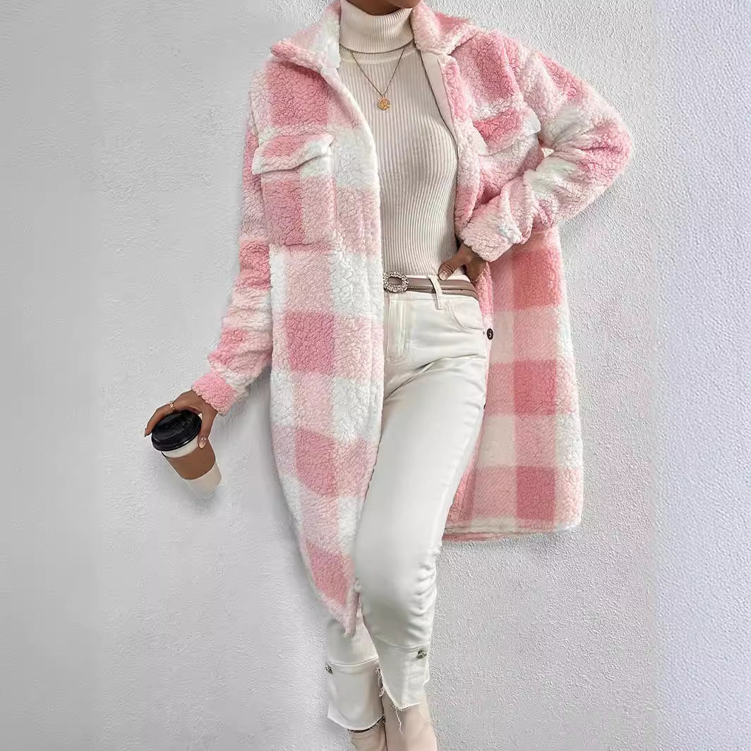Damen Karierter Teddy Mantel Lange Shacket Jacke mit Knöpfen