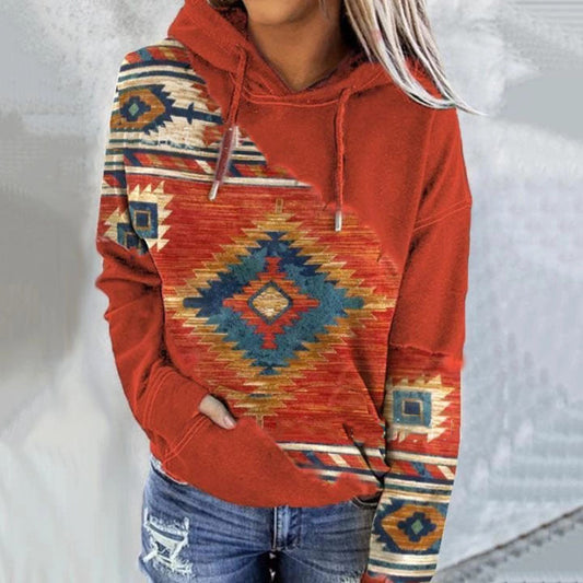 Damen Hoodie mit Kapuze und Ethno-Muster – Orange oder Weiß-Melange
