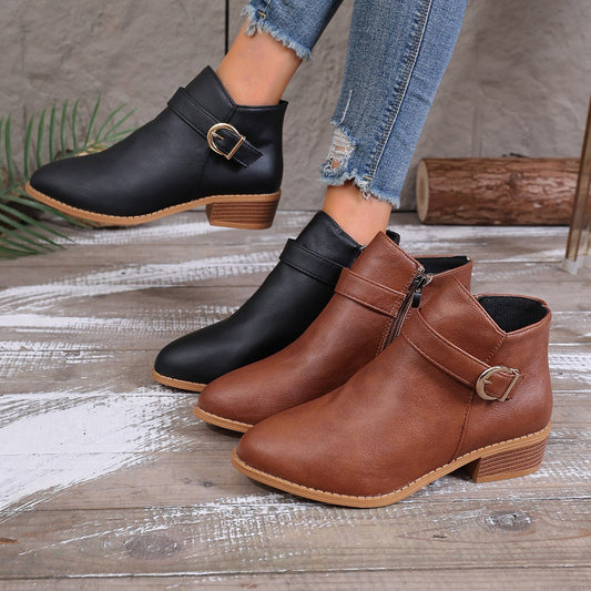 Damen Stiefelette mit Schnalle & Reißverschluss, flacher Absatz
