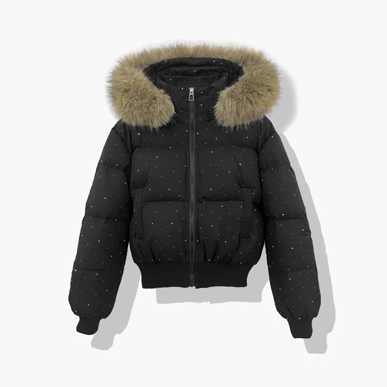 Kurze Pufferjacke für Damen mit Kunstfellkapuze und Glitzerdetails