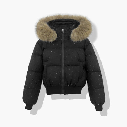 Kurze Pufferjacke für Damen mit Kunstfellkapuze und Glitzerdetails