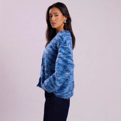 Damen Flauschiger Strick Cardigan mit V-Ausschnitt und Knopfleiste