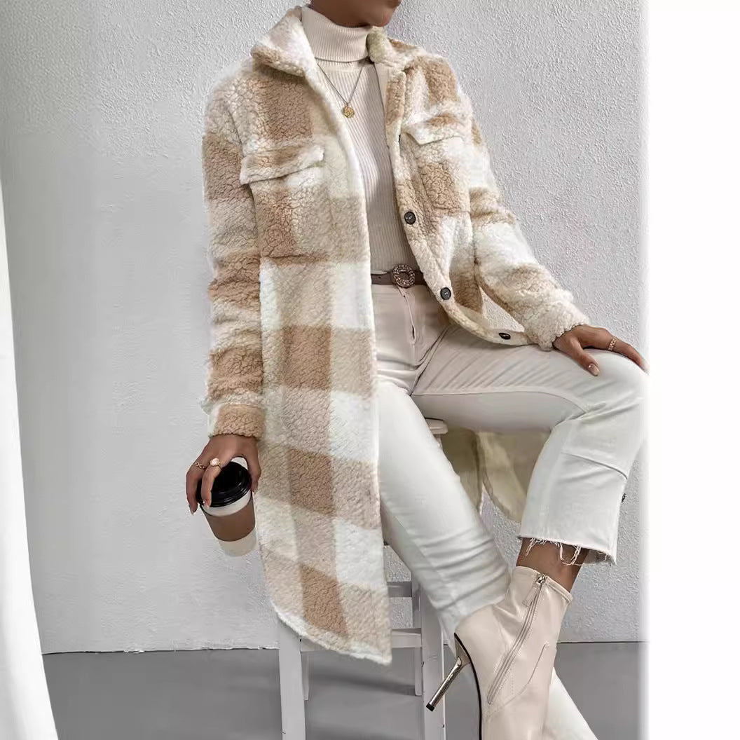 Damen Karierter Teddy Mantel Lange Shacket Jacke mit Knöpfen