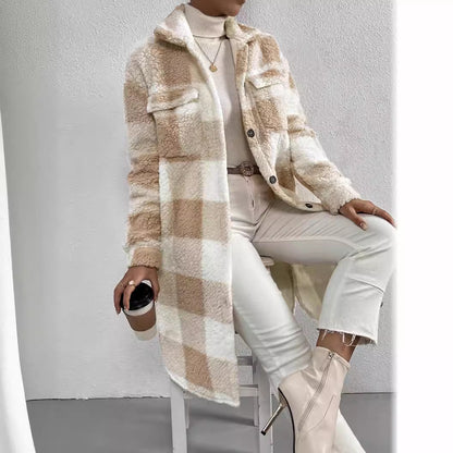 Damen Karierter Teddy Mantel Lange Shacket Jacke mit Knöpfen
