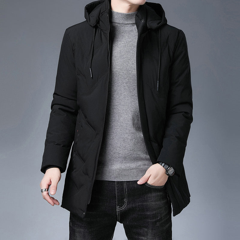 Herren Steppjacke mit Kapuze, mittellang, Reißverschluss, Schwarz