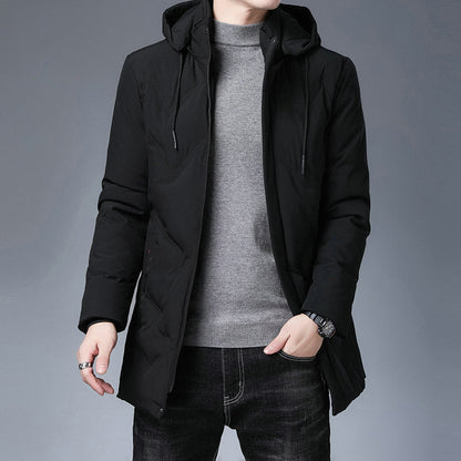 Herren Steppjacke mit Kapuze, mittellang, Reißverschluss, Schwarz