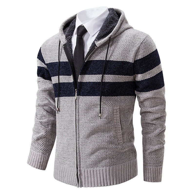 Herren Strickjacke mit Kapuze, Reißverschluss und Streifen, gefütterter Kapuzenpullover