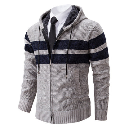 Herren Strickjacke mit Kapuze, Reißverschluss und Streifen, gefütterter Kapuzenpullover