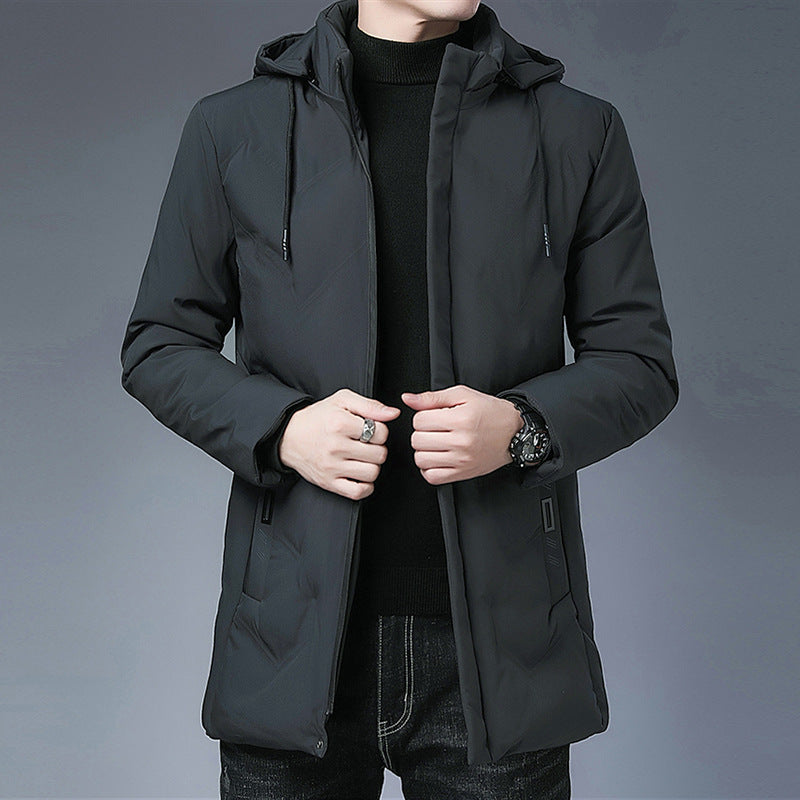 Herren Steppjacke mit Kapuze, mittellang, Reißverschluss, Schwarz