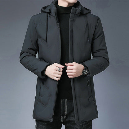 Herren Steppjacke mit Kapuze, mittellang, Reißverschluss, Schwarz