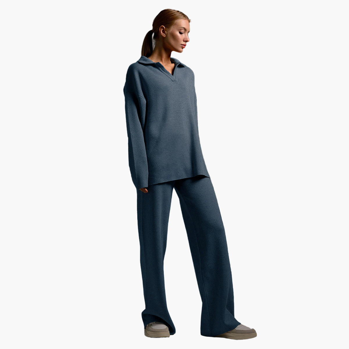 Damen Loungewear Set – Strick – Oversize Pullover mit Kragen und Weite Hose – Perfekt für Zuhause und Freizeit