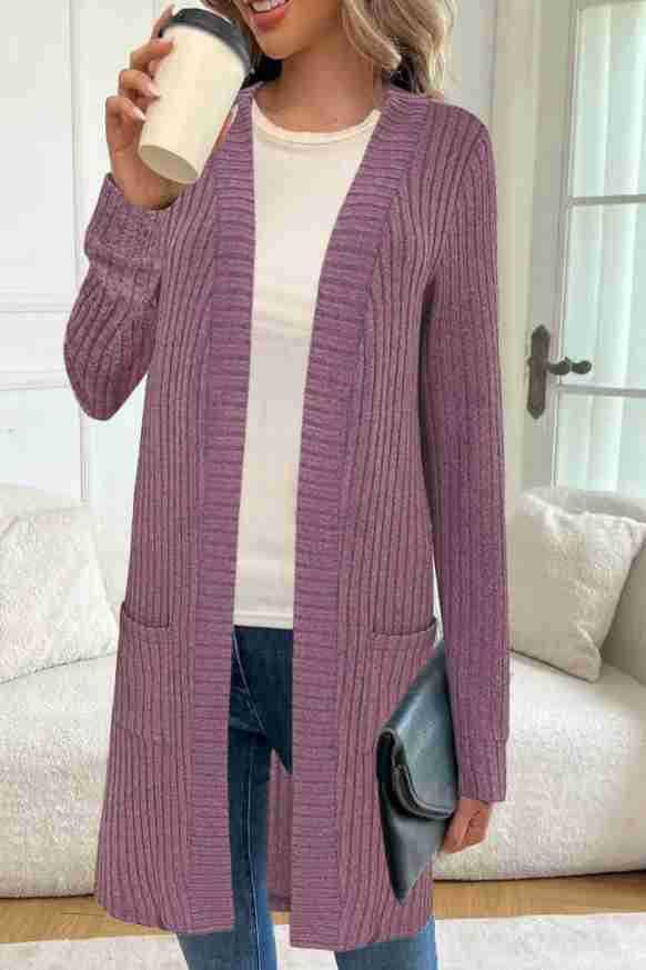 Damen Strick-Cardigan mit Rippmuster und Taschen, Lang, Offen