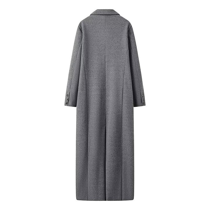 Grauer Maxi-Mantel Oversize Zweireiher Damen