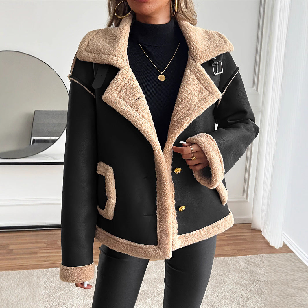 Damen Kurzjacke mit Teddyfutter, Kunstleder-Optik, Braun/Beige
