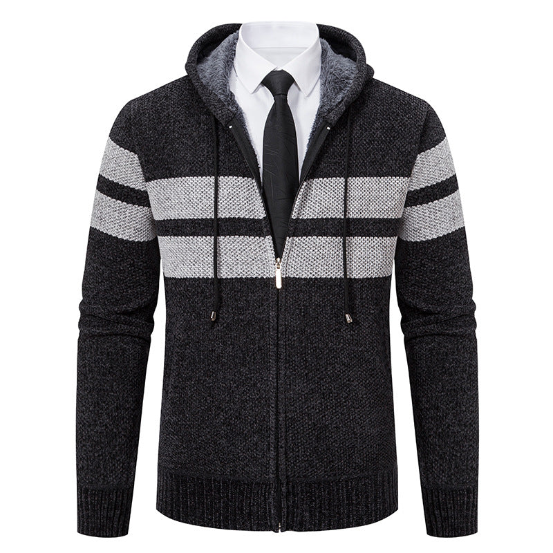 Herren Strickjacke mit Kapuze, Reißverschluss und Streifen, gefütterter Kapuzenpullover