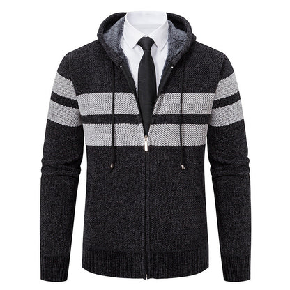 Herren Strickjacke mit Kapuze, Reißverschluss und Streifen, gefütterter Kapuzenpullover