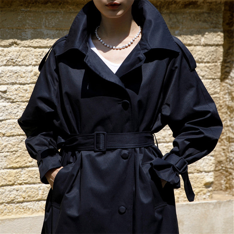 Damen Trenchcoat Lang Übergangsjacke mit Gürtel Khaki