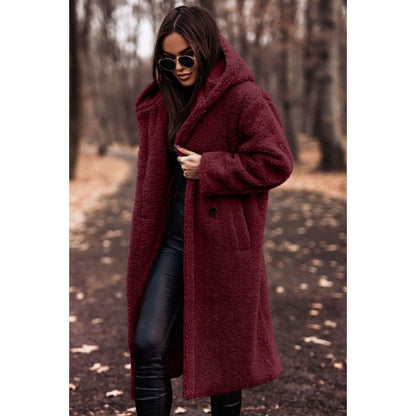 Damen Teddyfell-Mantel mit Kapuze – Langarm Wintermantel