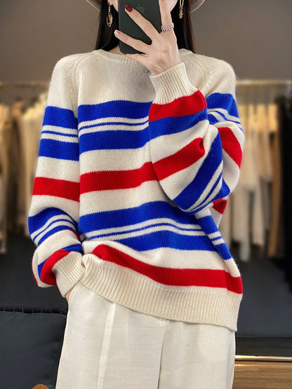 Damen Oversize Streifenpullover mit Rundhalsausschnitt Rot Blau Cremeweiß