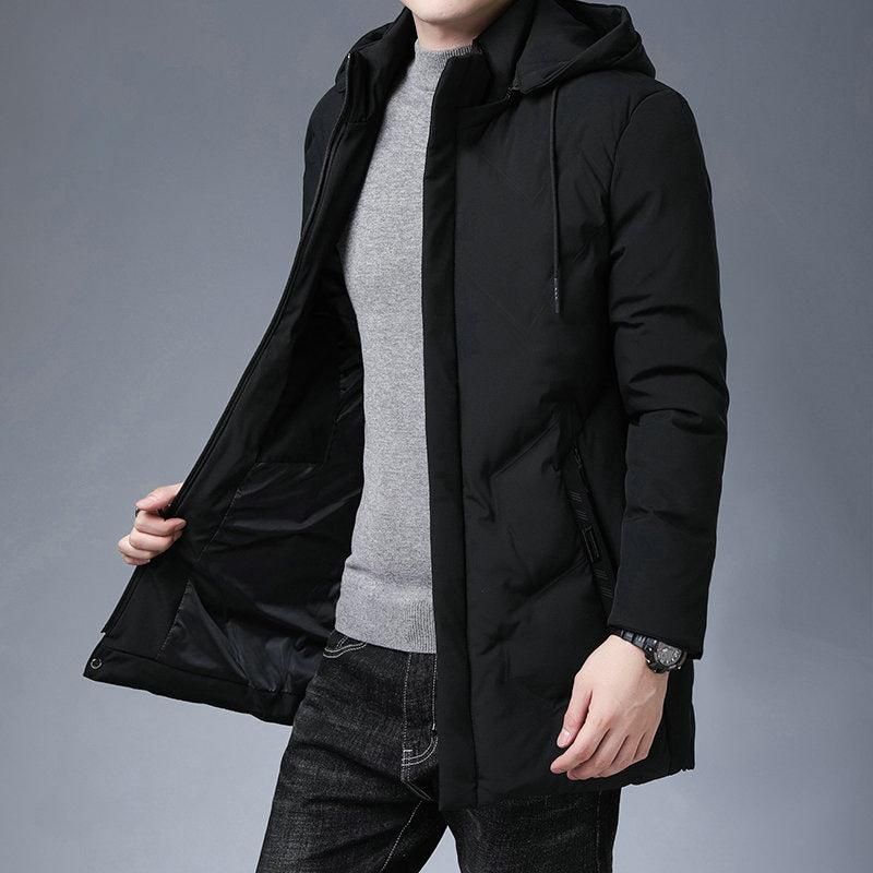 Herren Steppjacke mit Kapuze, mittellang, Reißverschluss, Schwarz