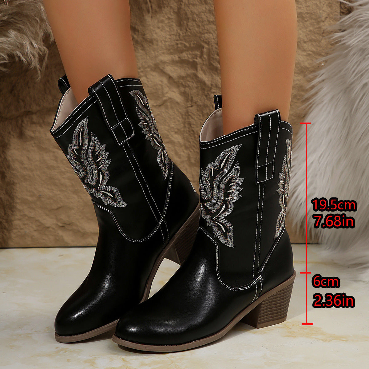 Damen Western Stiefel mit Stickerei, Cowboy Stiefeletten Blockabsatz