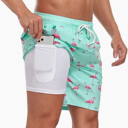 Herren Badeshorts mit Kompressions-Innenshorts – Moderne, schnell trocknende Swimshorts mit tropischem Muster für Strand & Sport