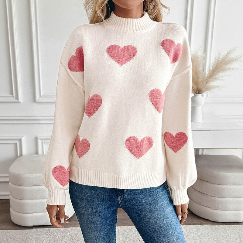 Damen Strickpullover Creme mit Rosa Herzmuster Hoher Kragen