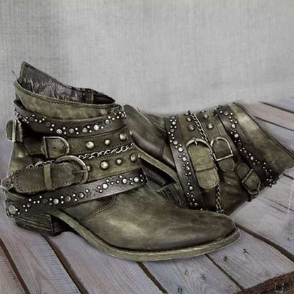 Damen Western Stiefel Vintage-Optik Ankle Boots mit Nieten und Schnallen