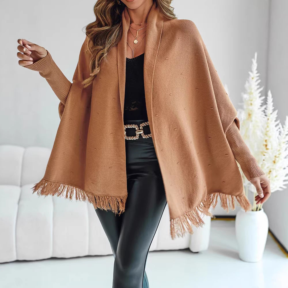 Damen Poncho Cardigan mit Fransen in Camel