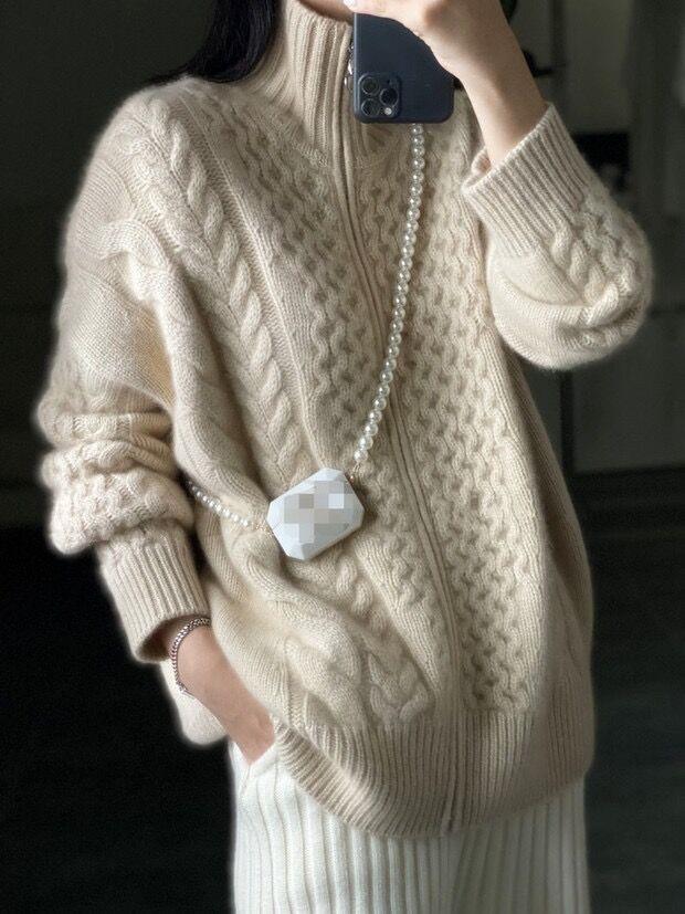 Damen Strickjacke mit Reißverschluss und Zopfmuster Hochgeschlossen