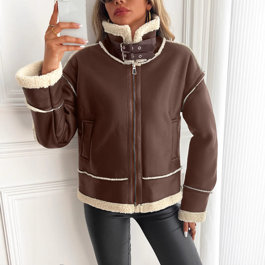 Damen Aviator-Jacke mit Kunstfellfutter und Schnallenkragen