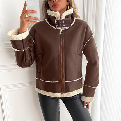 Damen Aviator-Jacke mit Kunstfellfutter und Schnallenkragen