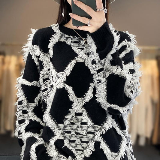 Damen Pullover Schwarz Weiß Geometrisches Muster Fransen Textur
