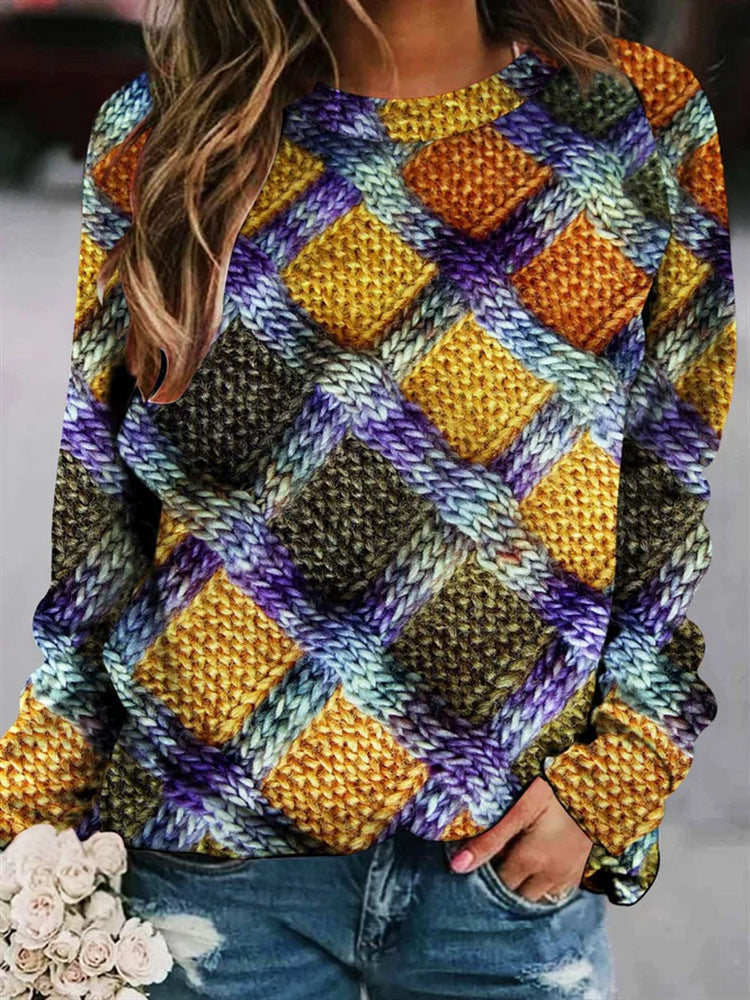 Damen Langarmshirt mit mehrfarbigem Patchwork- oder Strickmuster-Druck