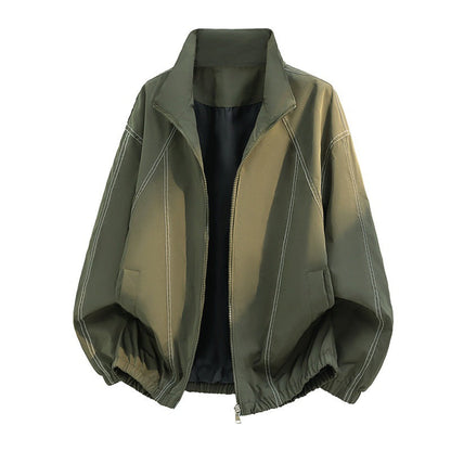 Übergangsjacke mit Stehkragen, Reißverschluss und weißen Kontrastnähten