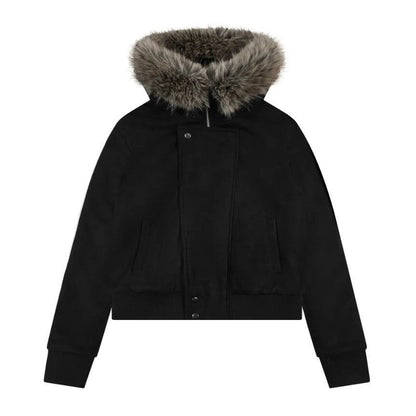 Damen Bomberjacke mit Kapuze, Kunstfellbesatz und Reißverschluss