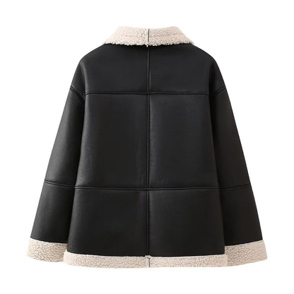 Unisex Wendejacke Schwarz mit Teddyfutter Lammfell-Optik Reißverschluss