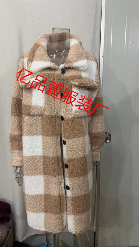 Damen Karierter Teddy Mantel Lange Shacket Jacke mit Knöpfen