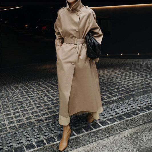 Eleganter Damen Trenchcoat Langer Mantel mit Bindegürtel und Stehkragen