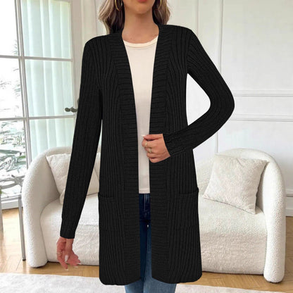 Damen Strick-Cardigan mit Rippmuster und Taschen, Lang, Offen