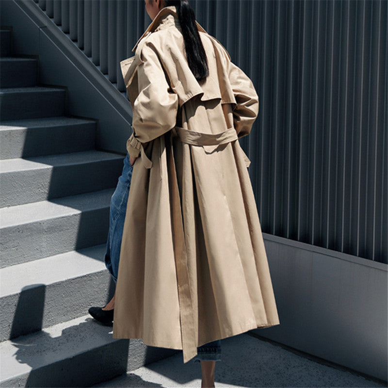 Damen Trenchcoat Lang Übergangsjacke mit Gürtel Khaki