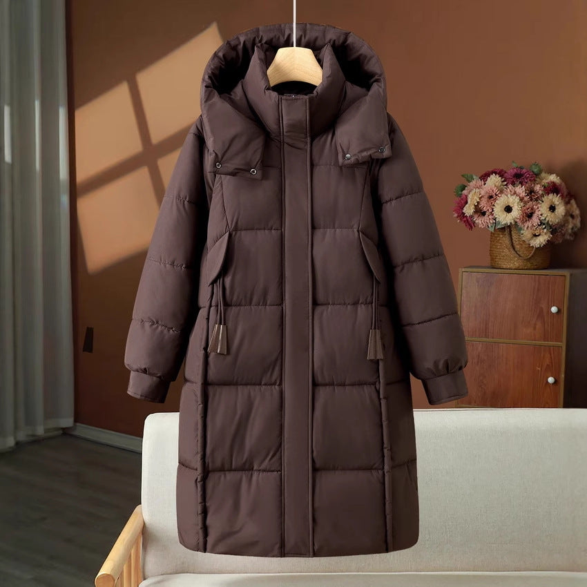 Damen Langer Winter Steppmantel mit Kapuze und Reißverschluss